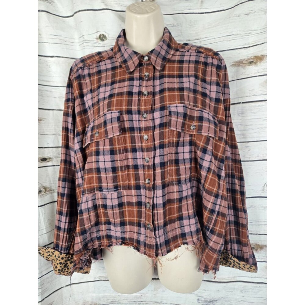 Anthropologie Pilcro Brown Plaid Crop Top L Relaxed Fringe Button Leopard Trim